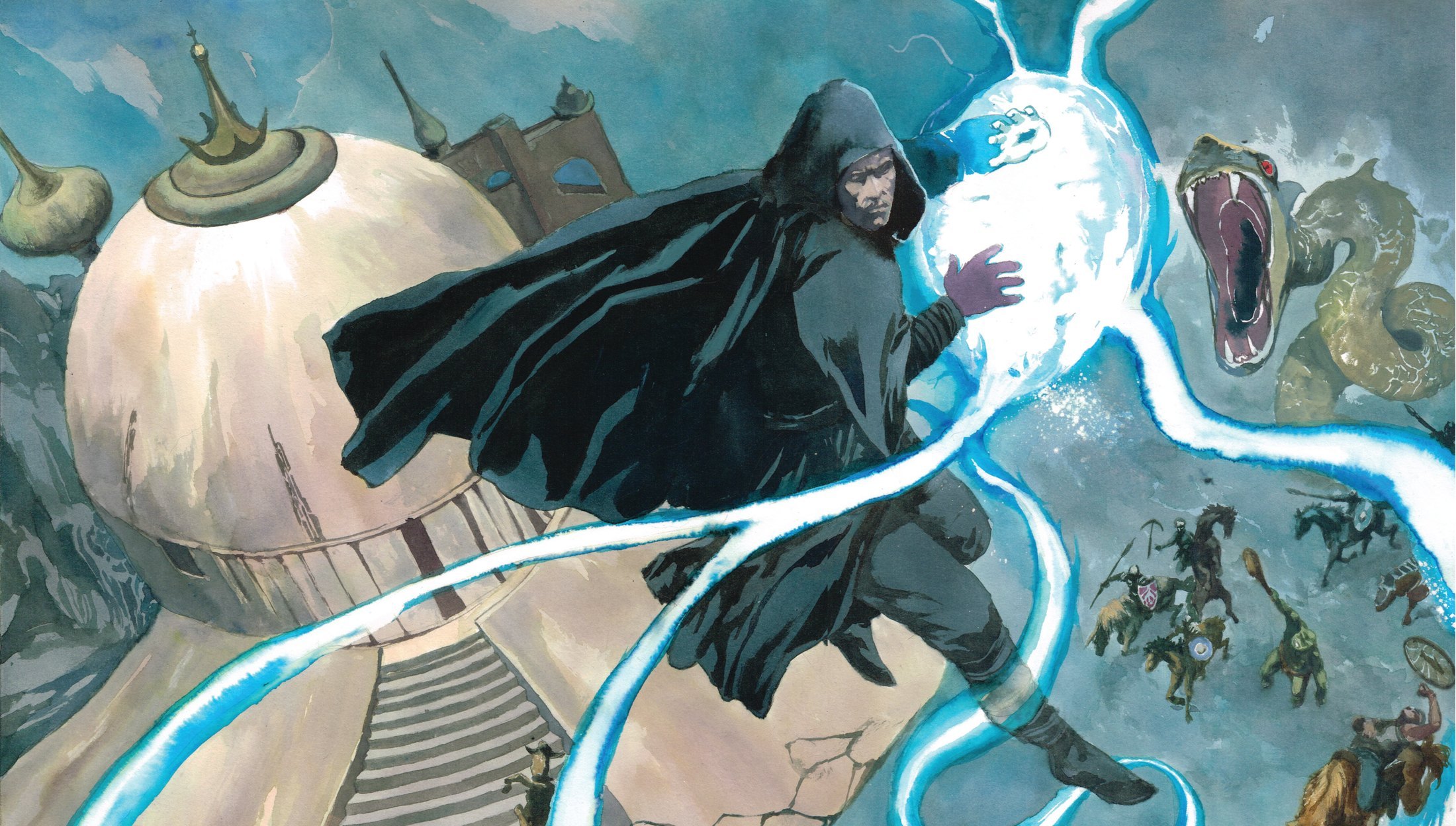 Campaign artwork by Vincent Pompetti: a hooded sorcerer conjures blue energy before the Dome of Osiros as mounted warriors and a serpent close in.